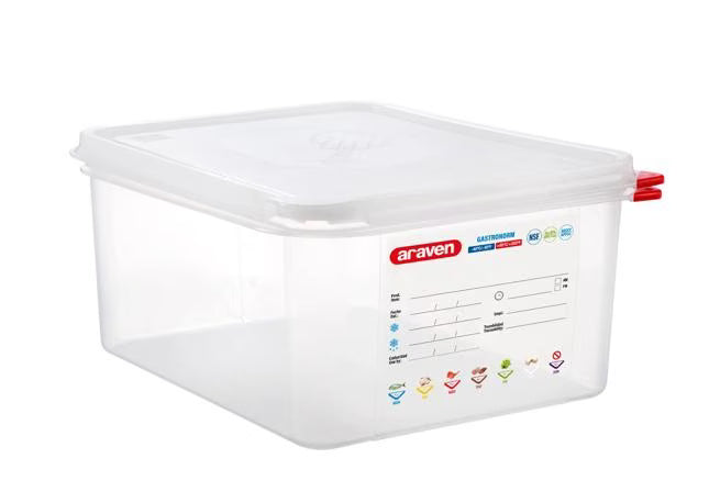 Store and preserve food efficiently with the GN 1/2 Size 6 Inch Deep 10.5 Qt Translucent Polypropylene Food Pan with Airtight Lid 03034. Features a double airtight seal, integrated label, ColorClip identification, and measurement indicators.