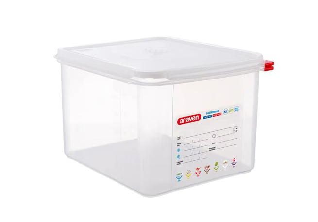 Store and preserve food efficiently with the GN 1/2 Size 8 Inch Deep 13.2 Qt Translucent Polypropylene Food Pan with Airtight Lid 03035. Features a double airtight seal, integrated label, ColorClip identification, and measurement indicators.