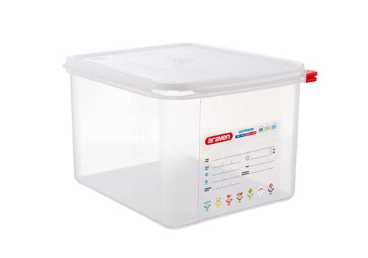Store and preserve food efficiently with the GN 1/2 Size 8 Inch Deep 13.2 Qt Translucent Polypropylene Food Pan with Airtight Lid 03035. Features a double airtight seal, integrated label, ColorClip identification, and measurement indicators.