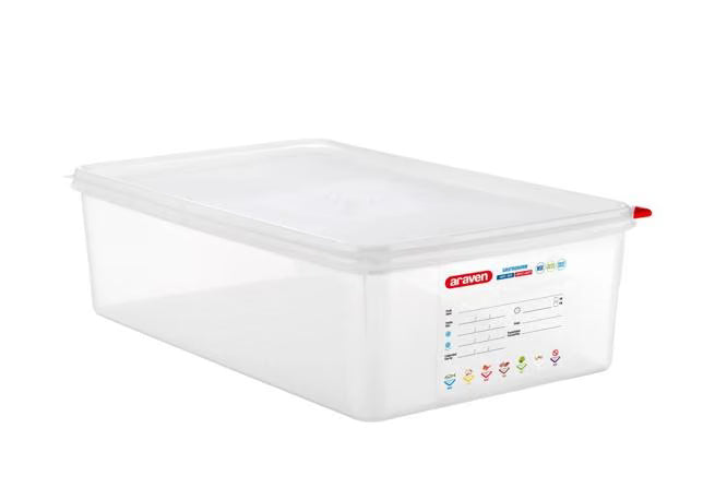 Store and preserve food efficiently with the Full Size 6 Inch Deep 22.2 Qt Translucent Polypropylene Food Pan with Airtight Lid 03037. Features a double airtight seal, integrated label, ColorClip identification, and measurement indicators.