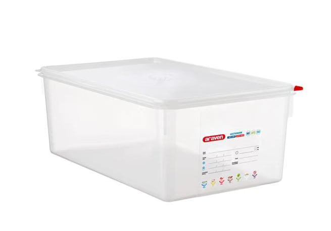 Store and preserve food efficiently with the Full Size 8 Inch Deep 29.6 Qt Translucent Polypropylene Food Pan with Airtight Lid 03038. Features a double airtight seal, integrated label, ColorClip identification, and measurement indicators.