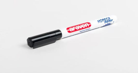 Organize food preparation and traceability with the Food Service Individual Black Marker 00393. Features water-based permanent ink, dishwasher cleaning, and reliable performance in refrigerators and freezers.