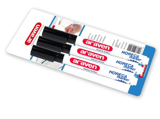 Organize food preparation and traceability with the Food Service Blister Pack 3 Black Markers 00524. Features water-based permanent ink and reliable performance in refrigerators and freezers.