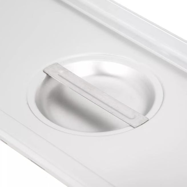Protect food with the DuraPan Light Gauge Stainless Steel Steam Table Long Hotel Pan Cover Half-Size 60700HLC. Features durable stainless steel construction and a comfortable concave handle.