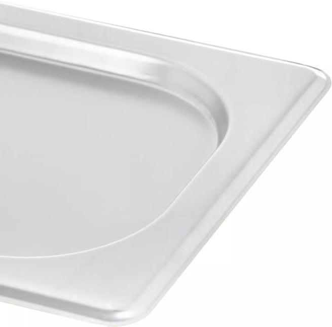 Protect food with the DuraPan Light Gauge Stainless Steel Steam Table Long Hotel Pan Cover Half-Size 60700HLC. Features durable stainless steel construction and a comfortable concave handle.