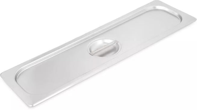 Protect food with the DuraPan Light Gauge Stainless Steel Steam Table Long Hotel Pan Cover Half-Size 60700HLC. Features durable stainless steel construction and a comfortable concave handle.