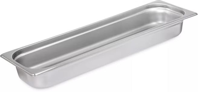 Prepare and serve food efficiently with the DuraPan Light Gauge Stainless Steel Steam Table Long Hotel Pan Long 1/2 Size 2.5 Inch Deep 60700HL2. Features spoonable bottoms, freezer-to-oven versatility, and Coldmaster compatibility.