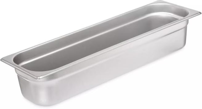 Prepare and serve food efficiently with the DuraPan Light Gauge Stainless Steel Steam Table Long Hotel Pan Long 1/2 Size 4 Inch Deep 60700HL4. Features spoonable bottoms, freezer-to-oven versatility, and Coldmaster compatibility.
