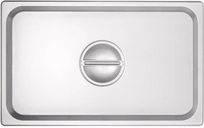Protect food with the DuraPan Stainless Steel Steam Table Hotel Pan Handled Cover Full-Size 607000C. Features heavy gauge stainless steel construction and a comfortable concave handle.