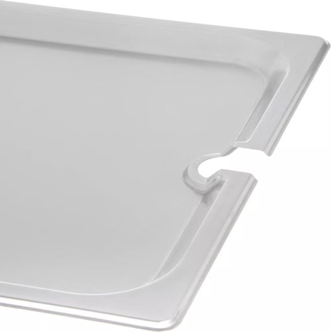 Protect and serve food efficiently with the DuraPan Stainless Steel Hotel Pan Slotted Handled Cover Full-Size 607000CS. Features heavy gauge stainless steel, a serving spoon notch, and a comfortable concave handle.