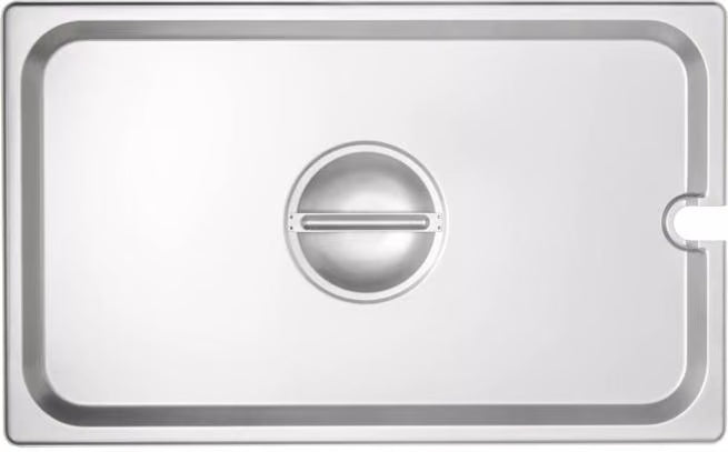 Protect and serve food efficiently with the DuraPan Stainless Steel Hotel Pan Slotted Handled Cover Full-Size 607000CS. Features heavy gauge stainless steel, a serving spoon notch, and a comfortable concave handle.