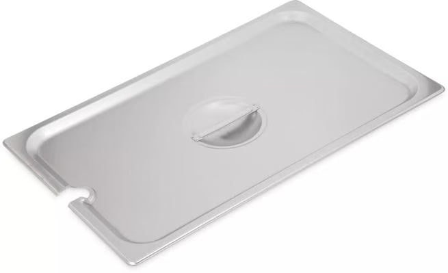 Protect and serve food efficiently with the DuraPan Stainless Steel Hotel Pan Slotted Handled Cover Full-Size 607000CS. Features heavy gauge stainless steel, a serving spoon notch, and a comfortable concave handle.