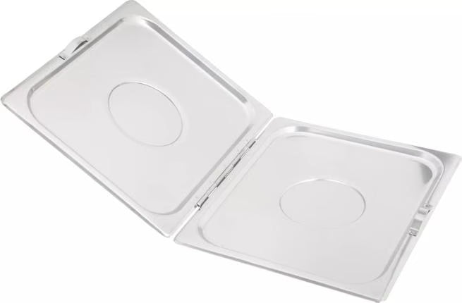 Cover and serve food efficiently with the DuraPan Stainless Steel Steam Table Hotel Pan Center Hinged Cover Full-Size 607000H. Features a durable heavy gauge stainless steel design, two-sided opening, and independent pull handles.