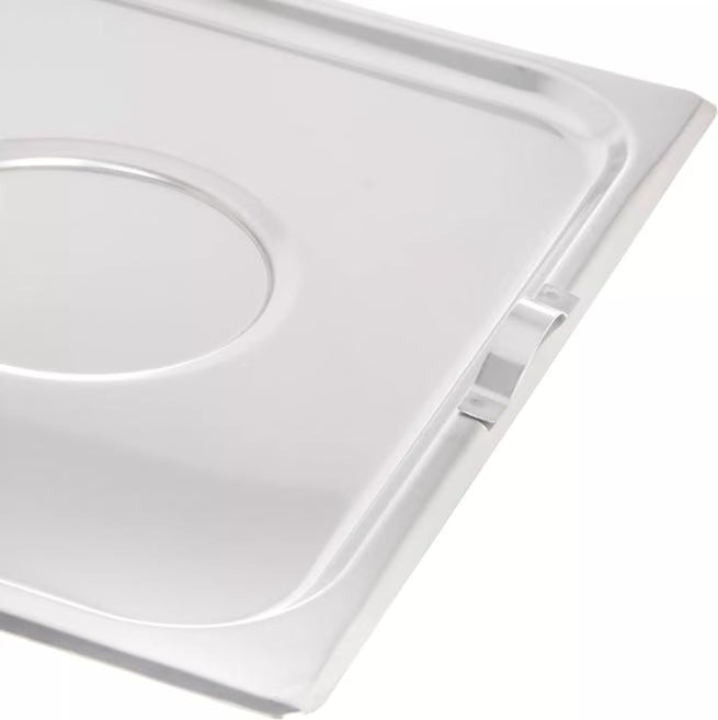 Cover and serve food efficiently with the DuraPan Stainless Steel Steam Table Hotel Pan Center Hinged Cover Full-Size 607000H. Features a durable heavy gauge stainless steel design, two-sided opening, and independent pull handles.