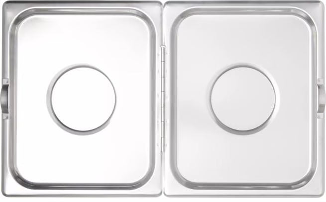 Cover and serve food efficiently with the DuraPan Stainless Steel Steam Table Hotel Pan Center Hinged Cover Full-Size 607000H. Features a durable heavy gauge stainless steel design, two-sided opening, and independent pull handles.
