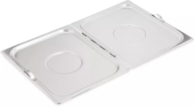 Cover and serve food efficiently with the DuraPan Stainless Steel Steam Table Hotel Pan Center Hinged Cover Full-Size 607000H. Features a durable heavy gauge stainless steel design, two-sided opening, and independent pull handles.