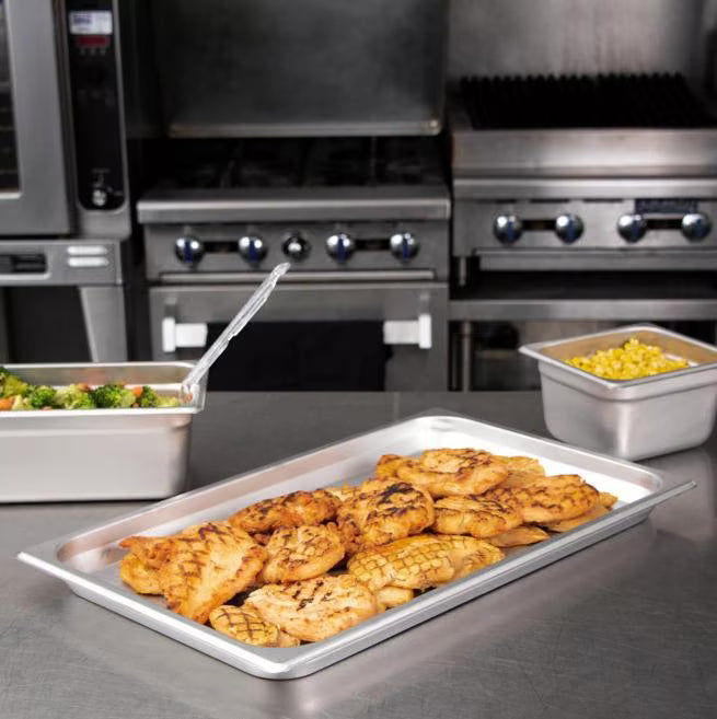 Prepare and serve food efficiently with the DuraPan Light Gauge Stainless Steel Steam Table Hotel Pan Full-Size 1 Inch Deep 607001. Features spoonable bottoms, freezer-to-oven versatility, and Coldmaster compatibility.