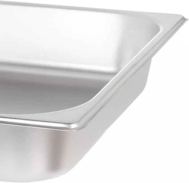 Serve two food items efficiently with the DuraPan Stainless Steel Divided Steam Table Hotel Pan Full-Size 2.5 Inch Deep 607002D. Features divided sections, spoonable bottoms, freezer-to-oven versatility, and Coldmaster compatibility.