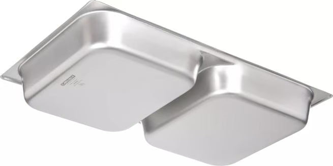 Serve two food items efficiently with the DuraPan Stainless Steel Divided Steam Table Hotel Pan Full-Size 2.5 Inch Deep 607002D. Features divided sections, spoonable bottoms, freezer-to-oven versatility, and Coldmaster compatibility.