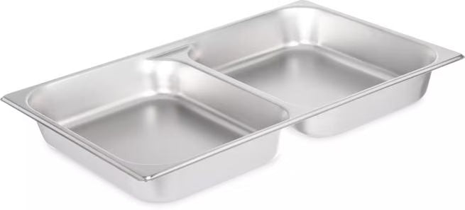 Serve two food items efficiently with the DuraPan Stainless Steel Divided Steam Table Hotel Pan Full-Size 2.5 Inch Deep 607002D. Features divided sections, spoonable bottoms, freezer-to-oven versatility, and Coldmaster compatibility.