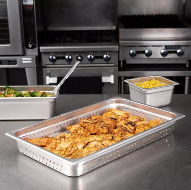 Steam and drain food efficiently with the DuraPan Light Gauge Stainless Steel Perforated Steam Table Hotel Pan Full-Size 2.5 Inch Deep 607002P. Features a perforated design, spoonable bottoms, and Coldmaster compatibility.