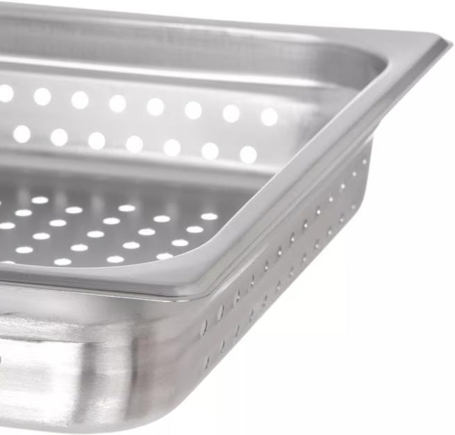 Steam and drain food efficiently with the DuraPan Light Gauge Stainless Steel Perforated Steam Table Hotel Pan Full-Size 2.5 Inch Deep 607002P. Features a perforated design, spoonable bottoms, and Coldmaster compatibility.