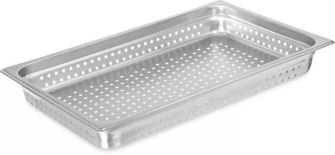 Steam and drain food efficiently with the DuraPan Light Gauge Stainless Steel Perforated Steam Table Hotel Pan Full-Size 2.5 Inch Deep 607002P. Features a perforated design, spoonable bottoms, and Coldmaster compatibility.