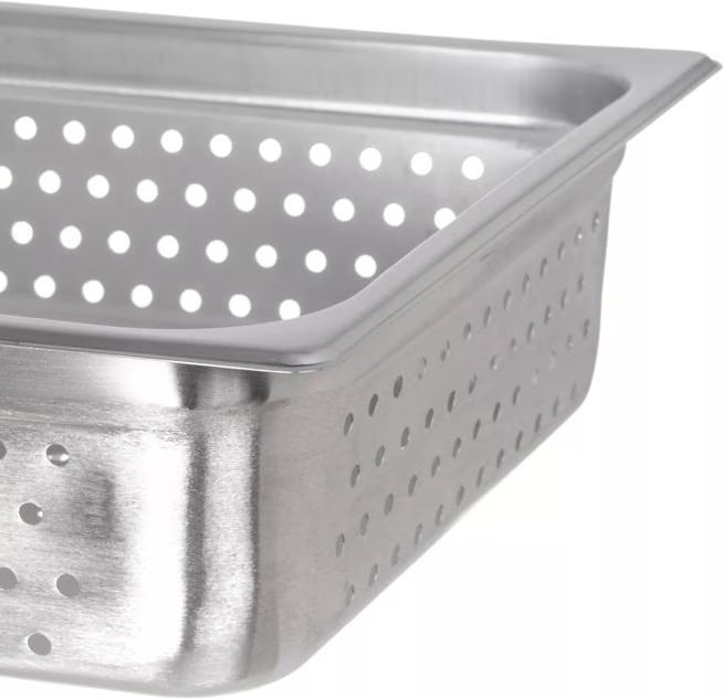 Steam and drain food efficiently with the DuraPan Light Gauge Stainless Steel Perforated Steam Table Hotel Pan Full-Size 4 Inch Deep 607004P. Features a perforated design, spoonable bottoms, freezer-to-oven versatility, and Coldmaster compatibility.