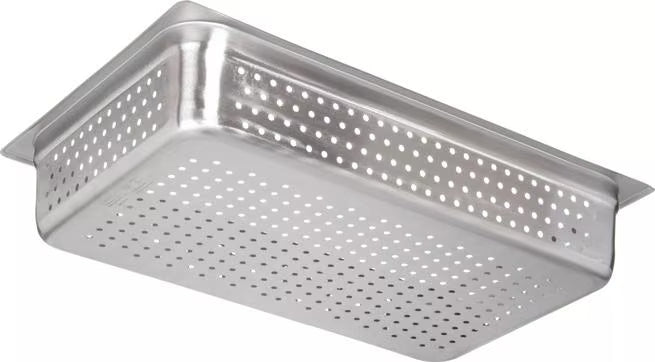 Steam and drain food efficiently with the DuraPan Light Gauge Stainless Steel Perforated Steam Table Hotel Pan Full-Size 4 Inch Deep 607004P. Features a perforated design, spoonable bottoms, freezer-to-oven versatility, and Coldmaster compatibility.