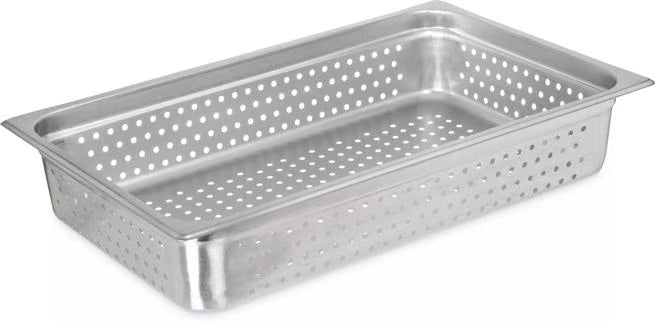 Steam and drain food efficiently with the DuraPan Light Gauge Stainless Steel Perforated Steam Table Hotel Pan Full-Size 4 Inch Deep 607004P. Features a perforated design, spoonable bottoms, freezer-to-oven versatility, and Coldmaster compatibility.