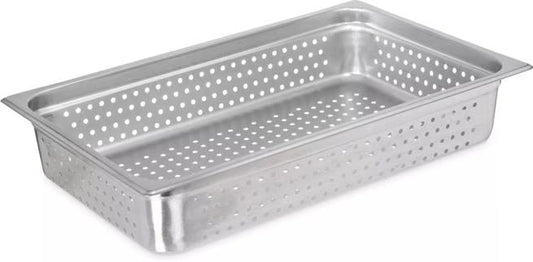 Steam and drain food efficiently with the DuraPan Light Gauge Stainless Steel Perforated Steam Table Hotel Pan Full-Size 4 Inch Deep 607004P. Features a perforated design, spoonable bottoms, freezer-to-oven versatility, and Coldmaster compatibility.