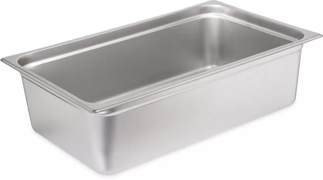 Prepare and serve food efficiently with the DuraPan Light Gauge Stainless Steel Steam Table Hotel Pan Full-Size 6 Inch Deep 607006. Features spoonable bottoms, freezer-to-oven versatility, and Coldmaster compatibility.