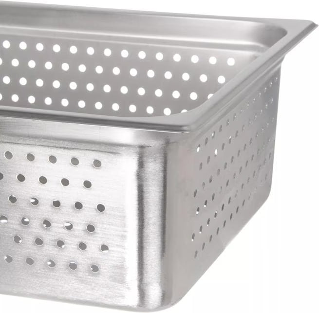 Steam and drain food efficiently with the DuraPan Light Gauge Stainless Steel Perforated Steam Table Hotel Pan Full-Size 6 Inch Deep 607006P. Features a perforated design, spoonable bottoms, freezer-to-oven versatility, and Coldmaster compatibility.