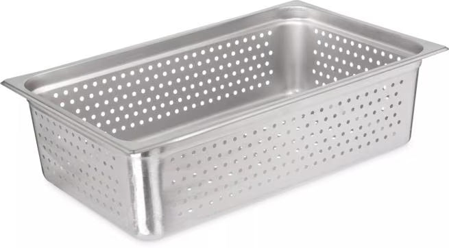 Steam and drain food efficiently with the DuraPan Light Gauge Stainless Steel Perforated Steam Table Hotel Pan Full-Size 6 Inch Deep 607006P. Features a perforated design, spoonable bottoms, freezer-to-oven versatility, and Coldmaster compatibility.