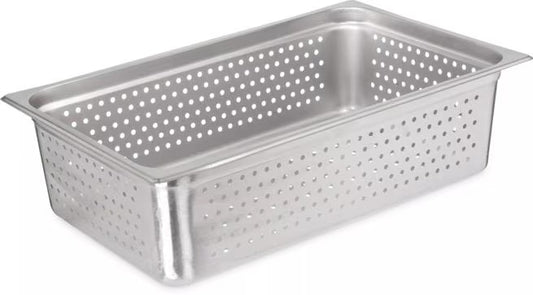 Steam and drain food efficiently with the DuraPan Light Gauge Stainless Steel Perforated Steam Table Hotel Pan Full-Size 6 Inch Deep 607006P. Features a perforated design, spoonable bottoms, freezer-to-oven versatility, and Coldmaster compatibility.