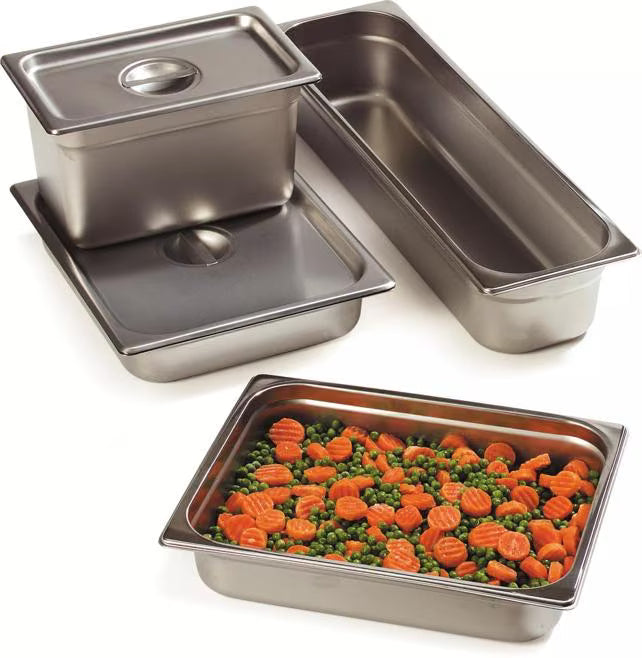 Protect food with the DuraPan Stainless Steel Steam Table Hotel Pan Handled Cover 1/2 Size 607120C. Features heavy gauge stainless steel construction and a comfortable concave handle.