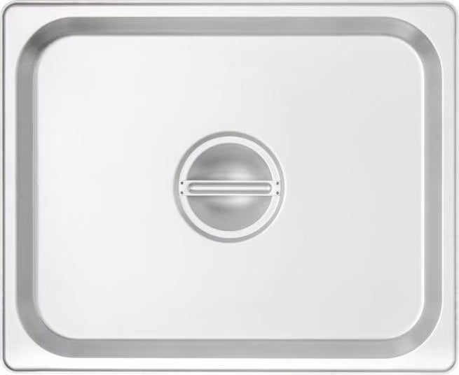 Protect food with the DuraPan Stainless Steel Steam Table Hotel Pan Handled Cover 1/2 Size 607120C. Features heavy gauge stainless steel construction and a comfortable concave handle.