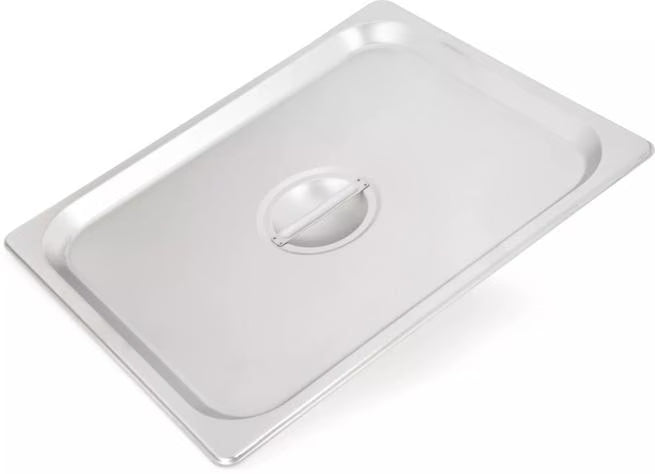 Protect food with the DuraPan Stainless Steel Steam Table Hotel Pan Handled Cover 1/2 Size 607120C. Features heavy gauge stainless steel construction and a comfortable concave handle.