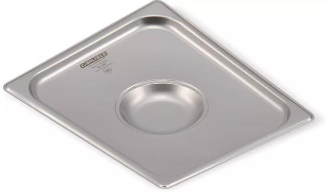 Protect food with the DuraPan Stainless Steel Steam Table Hotel Pan Handled Cover 1/2 Size 607120C. Features heavy gauge stainless steel construction and a comfortable concave handle.