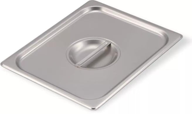 Protect food with the DuraPan Stainless Steel Steam Table Hotel Pan Handled Cover 1/2 Size 607120C. Features heavy gauge stainless steel construction and a comfortable concave handle.