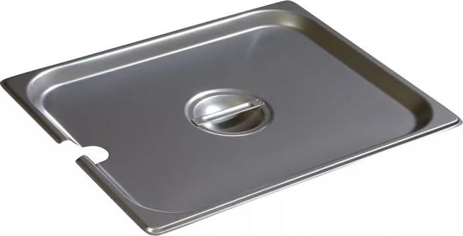 Protect and serve food efficiently with the DuraPan Stainless Steel Hotel Pan Slotted Handled Cover 1/2 Size 607120CS. Features heavy gauge stainless steel, a serving spoon notch, and a comfortable concave handle.