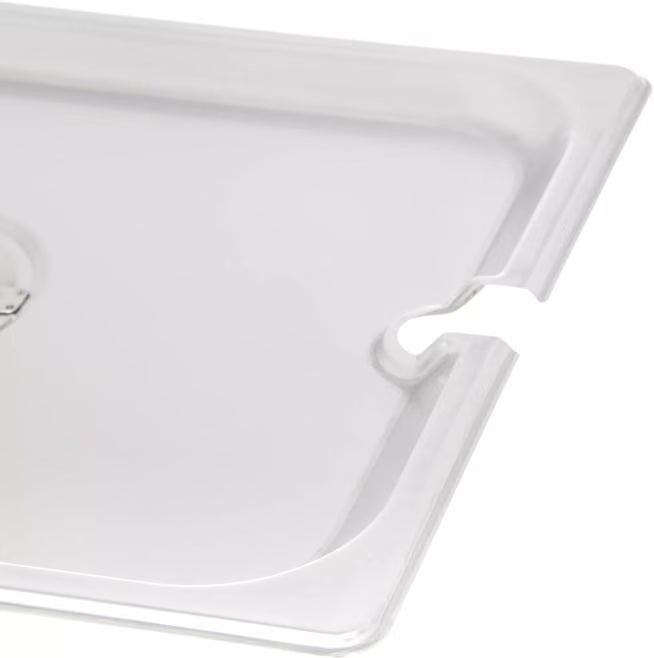 Protect and serve food efficiently with the DuraPan Stainless Steel Hotel Pan Slotted Handled Cover 1/2 Size 607120CS. Features heavy gauge stainless steel, a serving spoon notch, and a comfortable concave handle.