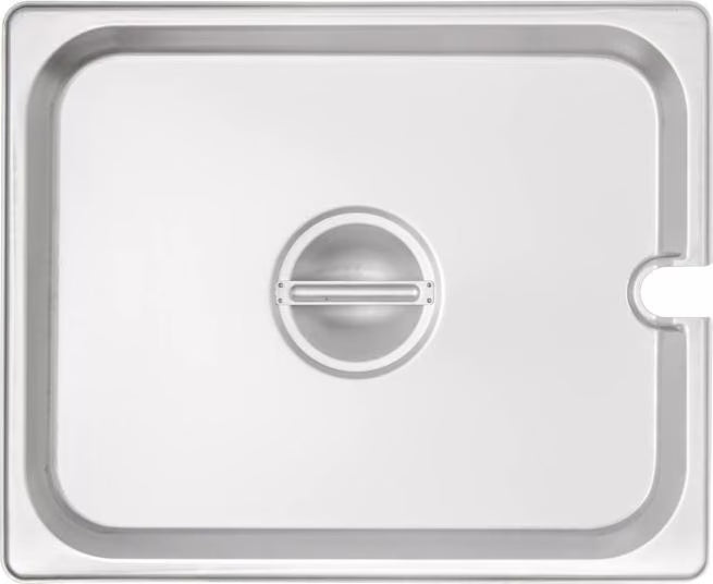Protect and serve food efficiently with the DuraPan Stainless Steel Hotel Pan Slotted Handled Cover 1/2 Size 607120CS. Features heavy gauge stainless steel, a serving spoon notch, and a comfortable concave handle.