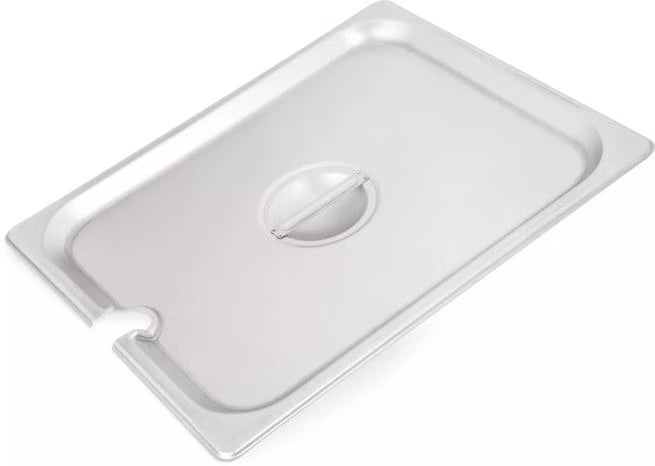 Protect and serve food efficiently with the DuraPan Stainless Steel Hotel Pan Slotted Handled Cover 1/2 Size 607120CS. Features heavy gauge stainless steel, a serving spoon notch, and a comfortable concave handle.