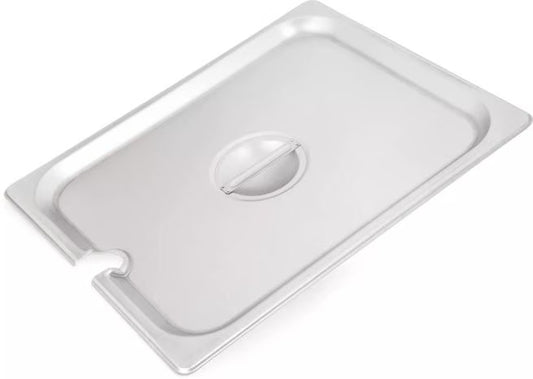 Protect and serve food efficiently with the DuraPan Stainless Steel Hotel Pan Slotted Handled Cover 1/2 Size 607120CS. Features heavy gauge stainless steel, a serving spoon notch, and a comfortable concave handle.