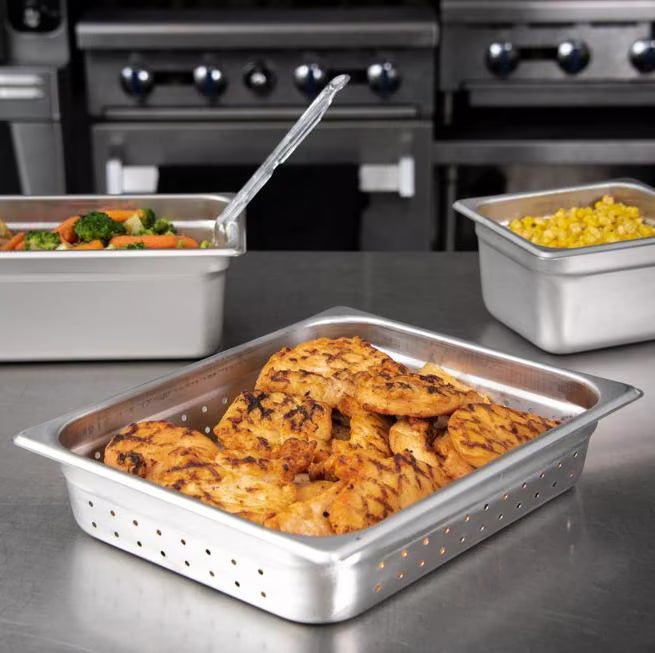 Steam and drain food efficiently with the DuraPan Light Gauge Stainless Steel Perforated Steam Table Hotel Pan 1/2 Size 2.5 Inch Deep 607122P. Features a perforated design, spoonable bottoms, freezer-to-oven versatility, and Coldmaster compatibility.