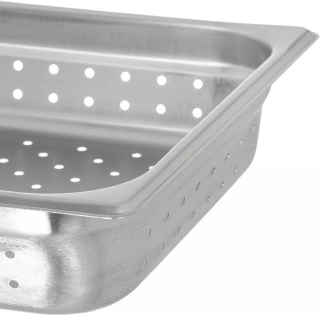 Steam and drain food efficiently with the DuraPan Light Gauge Stainless Steel Perforated Steam Table Hotel Pan 1/2 Size 2.5 Inch Deep 607122P. Features a perforated design, spoonable bottoms, freezer-to-oven versatility, and Coldmaster compatibility.