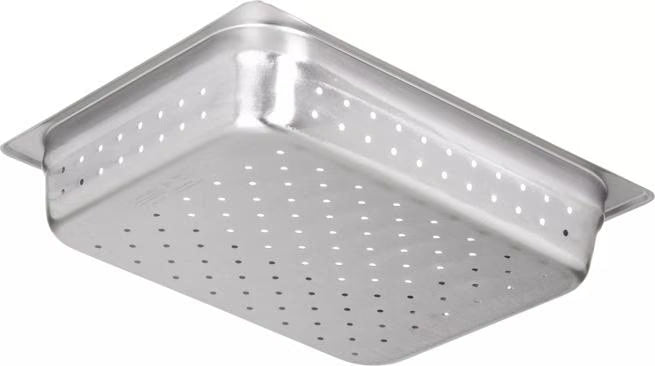 Steam and drain food efficiently with the DuraPan Light Gauge Stainless Steel Perforated Steam Table Hotel Pan 1/2 Size 2.5 Inch Deep 607122P. Features a perforated design, spoonable bottoms, freezer-to-oven versatility, and Coldmaster compatibility.