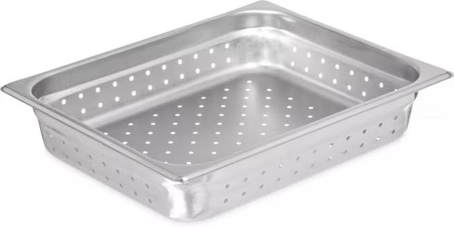 Steam and drain food efficiently with the DuraPan Light Gauge Stainless Steel Perforated Steam Table Hotel Pan 1/2 Size 2.5 Inch Deep 607122P. Features a perforated design, spoonable bottoms, freezer-to-oven versatility, and Coldmaster compatibility.