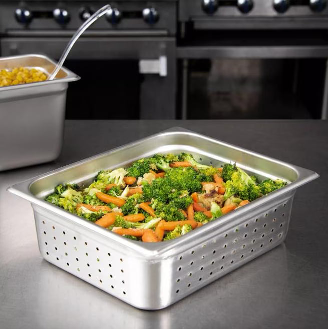 Steam and drain food efficiently with the DuraPan Light Gauge Stainless Steel Perforated Steam Table Hotel Pan 1/2 Size 4 Inch Deep 607124P. Features a perforated design, spoonable bottoms, freezer-to-oven versatility, and Coldmaster compatibility.